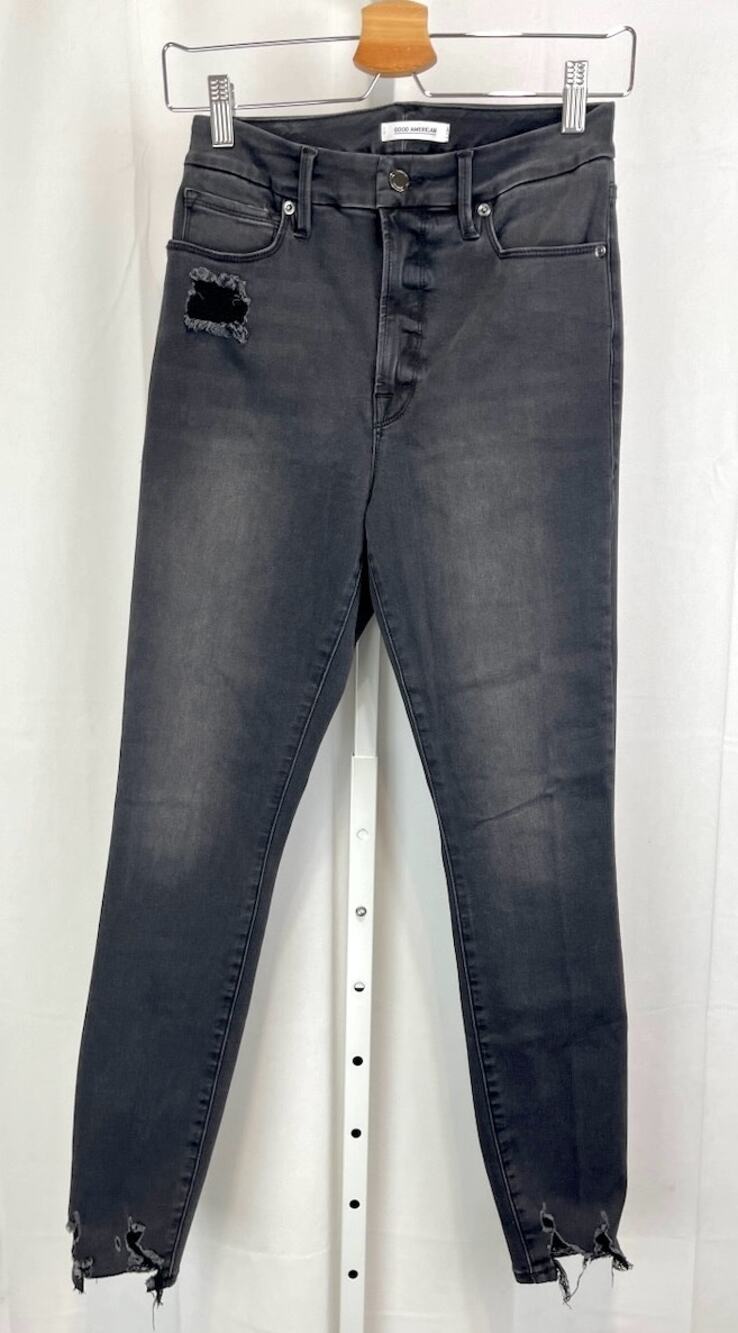 GOOD AMERICAN Good Waist High Rise Skinny Jeans Distressed Gray Faded Black 4 27